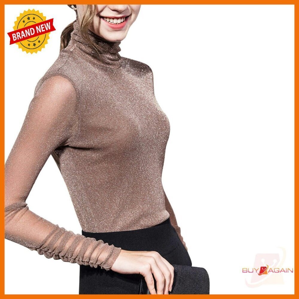 Mesh Turtleneck Top Long Sleeve Slim Fit Sheer Blouse